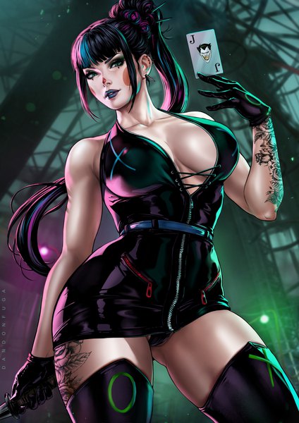 Anime picture 3508x4961 with batman dc comics punchline (batman) dandon fuga single long hair tall image looking at viewer fringe highres breasts light erotic black hair large breasts standing holding signed payot absurdres ponytail