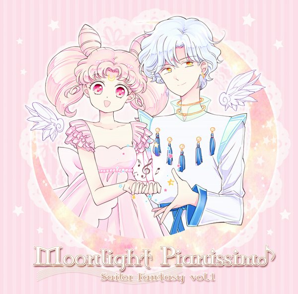 Anime picture 834x823 with bishoujo senshi sailor moon toei animation chibiusa princess usagi small lady helios saki (hxaxcxk) short hair open mouth smile twintails yellow eyes looking away pink hair white hair pink eyes arm support hair bun (hair buns) couple short twintails striped