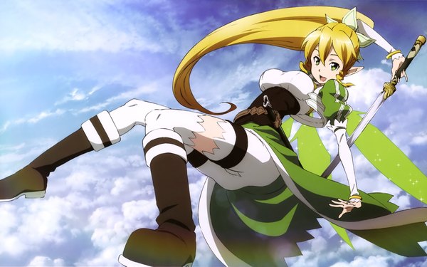 Anime picture 4076x2553 with sword art online a-1 pictures leafa nakamura yumiko single long hair looking at viewer highres open mouth blonde hair green eyes absurdres sky cloud (clouds) ponytail pointy ears scan official art girl thighhighs
