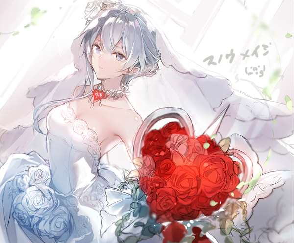 Anime picture 800x660 with sinoalice snow white (sinoalice) fukuda935 single long hair looking at viewer fringe breasts simple background hair between eyes white background bare shoulders signed payot silver hair parted lips silver eyes girl dress flower (flowers)