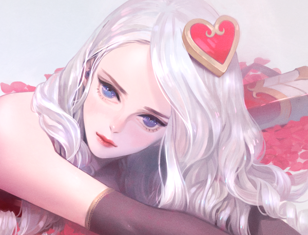 Anime picture 1171x894 with league of legends ashe (league of legends) heather37 single long hair looking at viewer blue eyes bare shoulders silver hair lying lips lipstick close-up face on stomach makeup curly hair girl gloves hair ornament