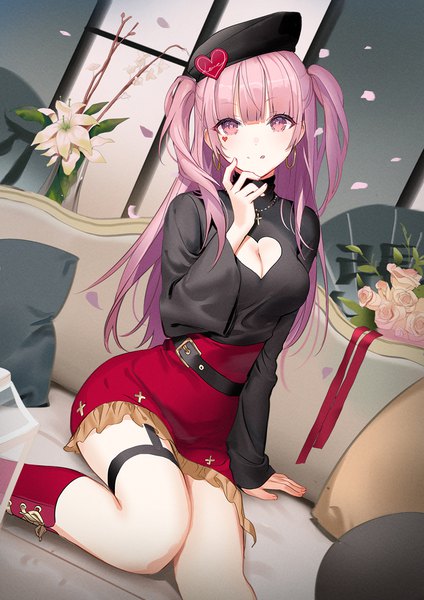 Anime picture 827x1169 with original lloule single long hair tall image looking at viewer blush fringe breasts smile sitting pink hair cleavage indoors blunt bangs head tilt pink eyes wide sleeves arm support two side up