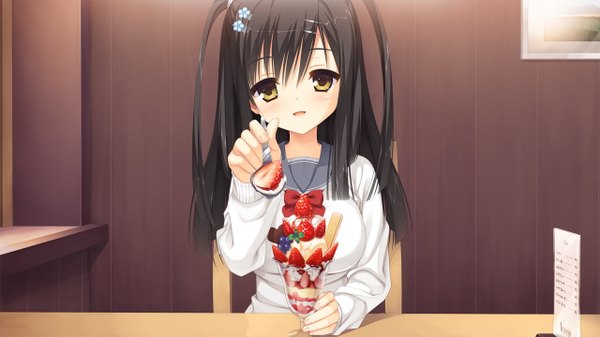 Anime picture 1280x720 with sanoba witch yuzusoft togakushi touko kobuichi single long hair looking at viewer blush fringe black hair wide image sitting yellow eyes game cg parted lips two side up outstretched arm girl food berry (berries)