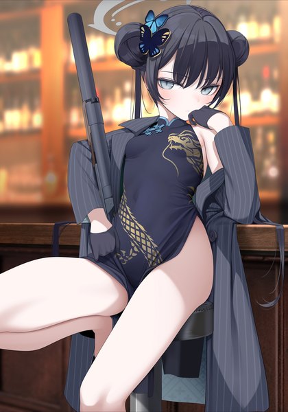 Anime picture 872x1246 with blue archive kisaki (blue archive) naru single long hair tall image looking at viewer blush fringe breasts light erotic black hair sitting twintails indoors blunt bangs traditional clothes arm up blurry off shoulder