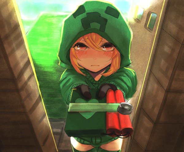 Anime picture 1450x1200 with minecraft creeper at2. single looking at viewer blush short hair light erotic standing from above sunlight orange hair orange eyes personification girl gloves black gloves jacket hood