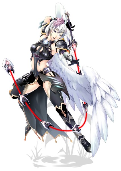 Anime picture 1000x1412 with aion nozomi sara single tall image looking at viewer short hair simple background purple eyes white hair lipstick angel wings black lipstick girl gloves weapon earrings wings armor jewelry