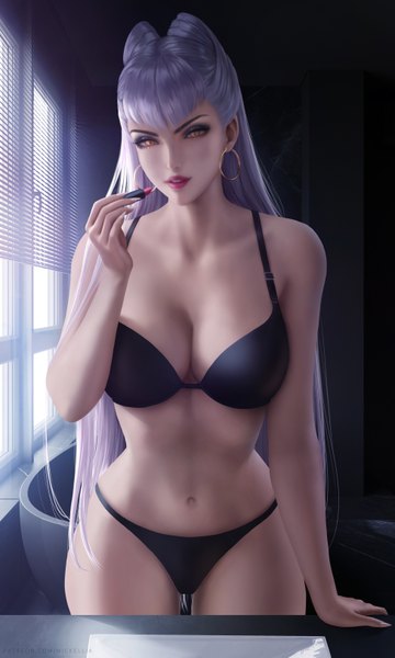 Anime picture 3900x6500 with league of legends k/da (league of legends) evelynn (league of legends) the baddest evelynn wickellia single long hair tall image looking at viewer fringe highres breasts light erotic large breasts standing holding signed yellow eyes absurdres cleavage
