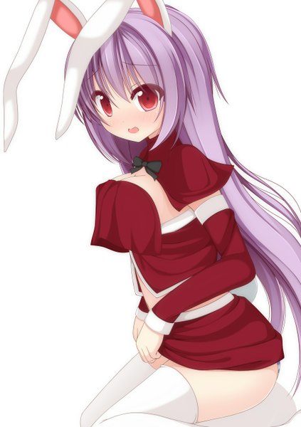 Anime picture 944x1340 with touhou reisen udongein inaba chimunge single long hair tall image looking at viewer blush open mouth light erotic simple background red eyes white background animal ears purple hair bunny ears bunny girl girl thighhighs white thighhighs