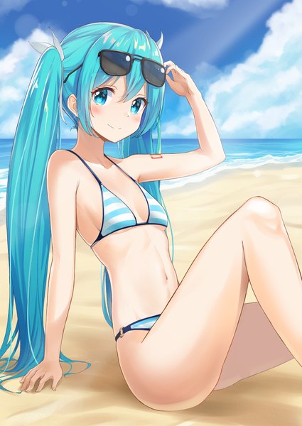 Anime picture 1418x2000 with vocaloid hatsune miku bibboss39 single tall image looking at viewer blush fringe breasts light erotic hair between eyes sitting twintails sky cloud (clouds) outdoors very long hair arm up aqua eyes aqua hair