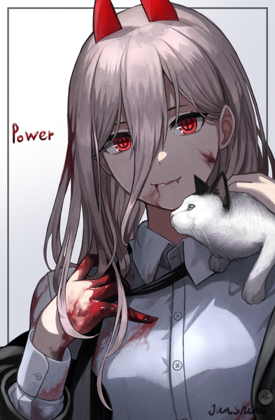 Anime picture 1500x2292 with chainsaw man mappa power (chainsaw man) meowy (chainsaw man) junshiki single long hair tall image looking at viewer fringe breasts simple background smile hair between eyes red eyes white background signed silver hair upper body horn (horns)