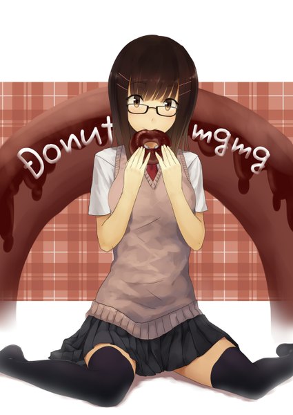 Anime picture 1000x1412 with original ac (eshi) long hair tall image black hair brown eyes girl thighhighs skirt uniform black thighhighs school uniform miniskirt shirt glasses food vest doughnut