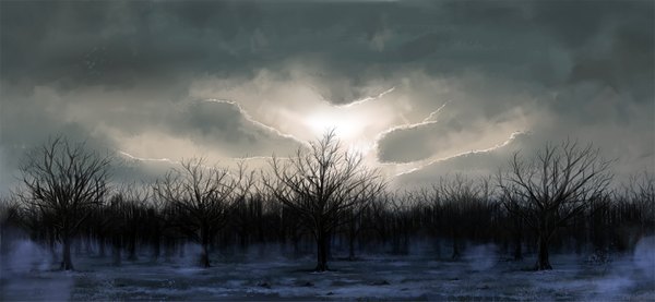 Anime picture 1423x657 with original monono wide image sky cloud (clouds) winter snow landscape nature fog plant (plants) tree (trees) forest