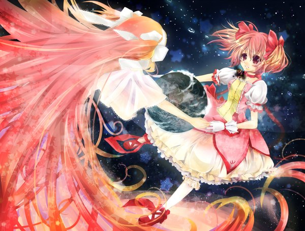 Anime picture 2000x1517 with mahou shoujo madoka magica shaft (studio) kaname madoka goddess madoka long hair highres short hair red eyes twintails multiple girls pink hair cloud (clouds) very long hair tears holding hands short twintails smoke space girl dress