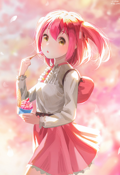 Anime picture 1000x1447 with love live! sunshine!! sunrise (studio) love live! kurosawa ruby gumimecv single tall image looking at viewer blush fringe short hair open mouth hair between eyes standing holding brown eyes signed pink hair long sleeves pleated skirt