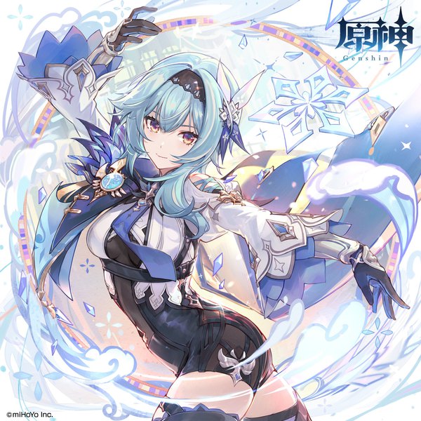 Anime picture 2048x2048 with genshin impact eula lawrence csyday single long hair fringe highres hair between eyes blue hair official art copyright name outstretched arm multicolored eyes girl gloves black gloves hairband snowflake (snowflakes) vision (genshin impact)