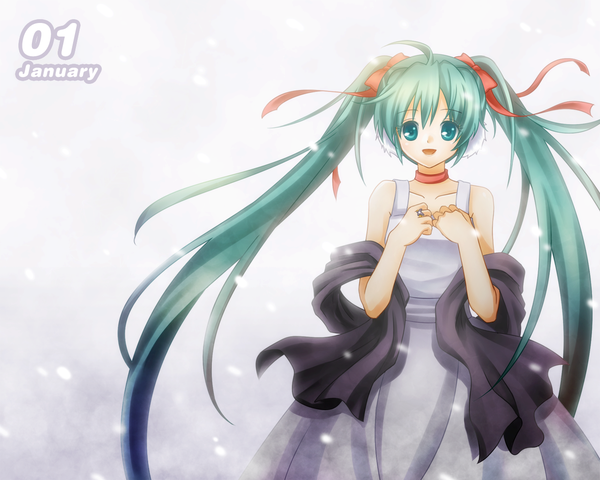 Anime picture 1280x1024 with vocaloid hatsune miku single long hair white background twintails bare shoulders green eyes green hair girl dress ribbon (ribbons) hair ribbon