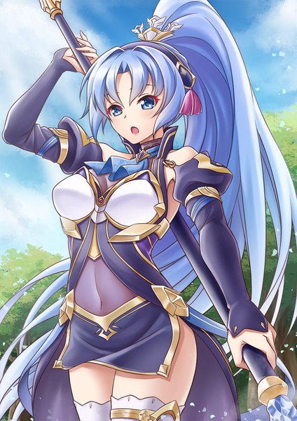 Anime picture 827x1170 with madan no ou to vanadis ludmila lourie myudon18 single tall image blush fringe breasts open mouth blue eyes hair between eyes large breasts standing bare shoulders holding payot blue hair looking away sky cloud (clouds)
