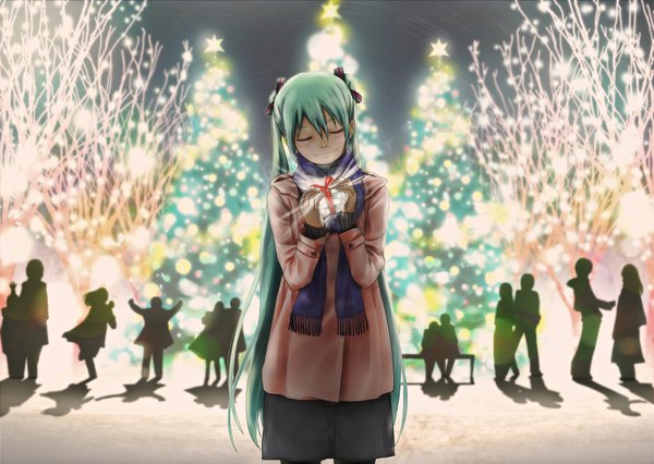 Anime picture 1754x1248 with vocaloid hatsune miku museum2088 long hair highres twintails eyes closed green hair girl plant (plants) tree (trees) scarf star (symbol) gift winter clothes christmas tree