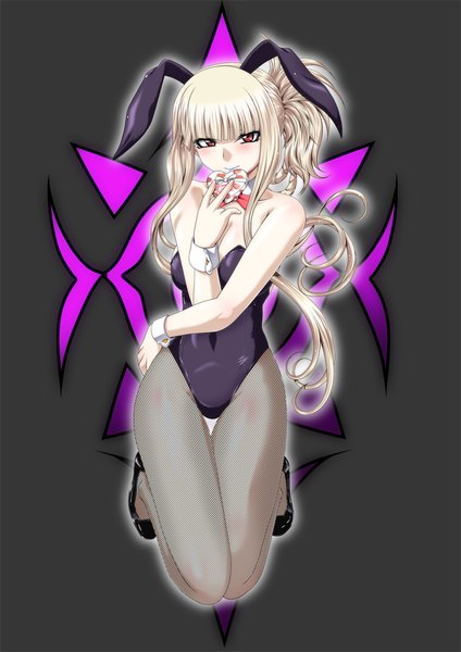 Anime picture 750x1062 with aoki hagane no arpeggio kongou (aoki hagane no arpeggio) kaname aomame single long hair tall image looking at viewer light erotic red eyes animal ears white hair grey background bunny ears bunny girl girl bunnysuit gift