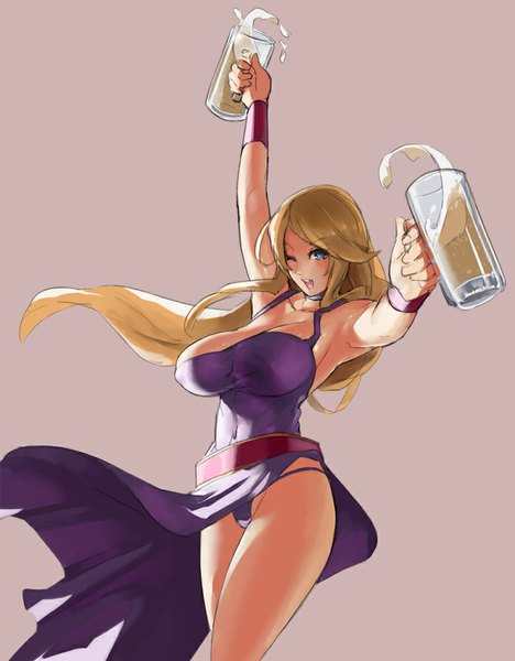 Anime picture 780x1000 with the king of fighters snk bonne jenet eu03 single tall image breasts blue eyes light erotic blonde hair simple background large breasts cleavage one eye closed wink bare legs sleeveless girl dress belt