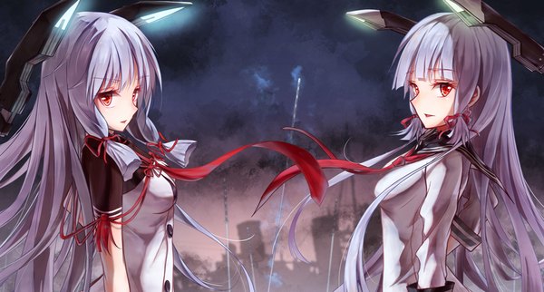 Anime picture 1000x538 with kantai collection murakumo destroyer bae.c long hair fringe red eyes wide image multiple girls sky purple hair cloud (clouds) parted lips city cityscape tress ribbon ruins remodel (kantai collection) girl ribbon (ribbons) 2 girls