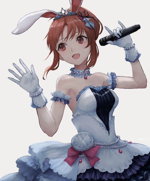 Anime picture 1599x1932 with idolmaster idolmaster cinderella girls idolmaster cinderella girls starlight stage abe nana kouzuki kei single tall image short hair open mouth simple background brown hair bare shoulders holding animal ears payot ponytail grey background bunny ears fake animal ears singing