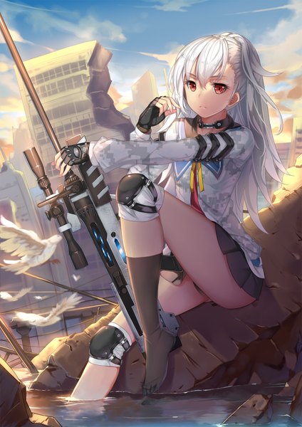 Anime picture 1240x1754 with closers tina (closers) musynexsk single long hair tall image looking at viewer fringe light erotic hair between eyes red eyes sitting holding sky silver hair cloud (clouds) bent knee (knees) ponytail long sleeves pleated skirt