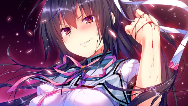 Anime picture 2560x1440 with shirogane x spirits! giga kamura masaki kino (kino konomi) single long hair looking at viewer fringe highres black hair smile wide image purple eyes game cg teeth close-up girl uniform school uniform blood