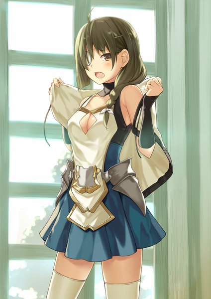 Anime picture 707x1000 with original cccpo single long hair tall image looking at viewer blush fringe breasts open mouth brown hair standing bare shoulders brown eyes ahoge braid (braids) single braid girl thighhighs dress