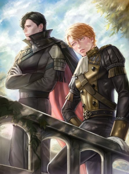 Anime picture 1527x2048 with fire emblem fire emblem: three houses nintendo hubert von vestra ferdinand von aegir vestradog tall image fringe short hair black hair yellow eyes looking away sky cloud (clouds) outdoors long sleeves parted lips profile orange hair arm support