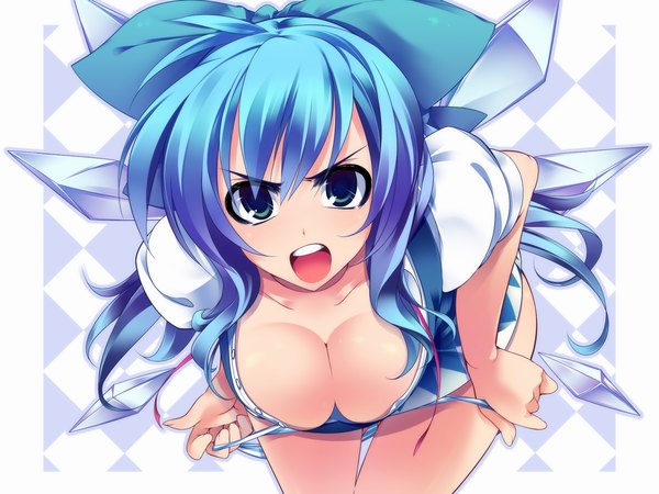 Anime picture 1600x1200 with touhou cirno dragonmaterial long hair breasts blue eyes light erotic blue hair cleavage open clothes open shirt alternate hairstyle panty pull alternate hair length girl underwear panties wings striped panties