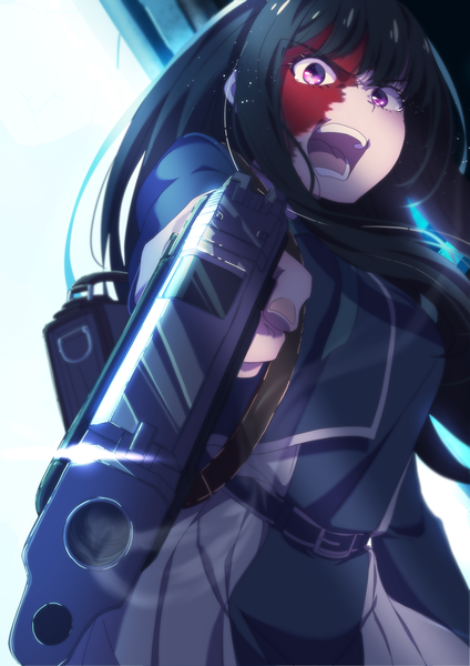 Anime-Bild 2063x2917 mit lycoris recoil inoue takina kuma (pixiv id14992749) single long hair tall image highres open mouth black hair standing purple eyes long sleeves looking down angry blood on face dust screaming girl uniform weapon