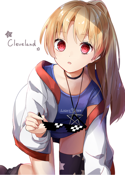 Anime picture 777x1088 with azur lane cleveland (azur lane) aa (sin2324) single long hair tall image looking at viewer fringe open mouth simple background blonde hair red eyes white background holding payot ponytail off shoulder inscription open jacket :o