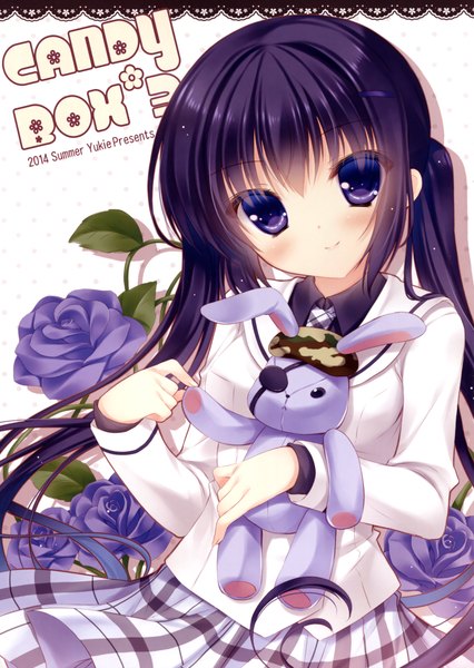 Anime picture 2132x3006 with gochuumon wa usagi desu ka? white fox tedeza rize yukie (peach candy) single long hair tall image looking at viewer blush highres blue eyes smile twintails purple hair scan girl flower (flowers) toy stuffed animal stuffed rabbit