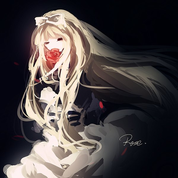 Anime picture 1181x1181 with axis powers hetalia studio deen belarus (hetalia) dico (artist) single long hair fringe simple background blonde hair eyes closed inscription hand on hip text black background english girl gloves flower (flowers) bow hair bow