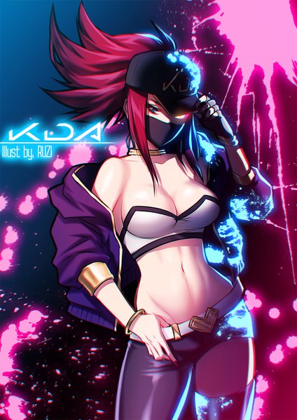 Anime picture 1000x1414 with league of legends k/da (league of legends) akali (league of legends) k/da akali ruzi single long hair tall image looking at viewer breasts blue eyes light erotic large breasts standing signed yellow eyes payot ponytail red hair nail polish