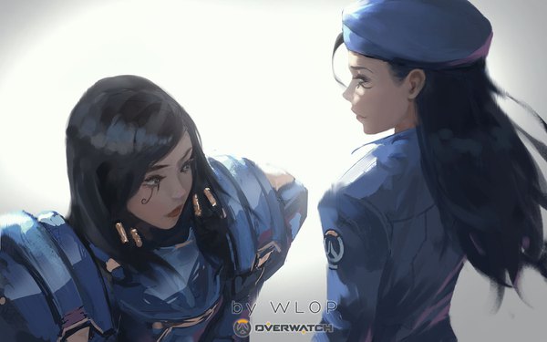 Anime picture 1500x939 with overwatch blizzard entertainment pharah (overwatch) ana (overwatch) captain amari wlop long hair black hair simple background smile white background multiple girls signed ahoge from behind copyright name facial mark alternate age logo younger