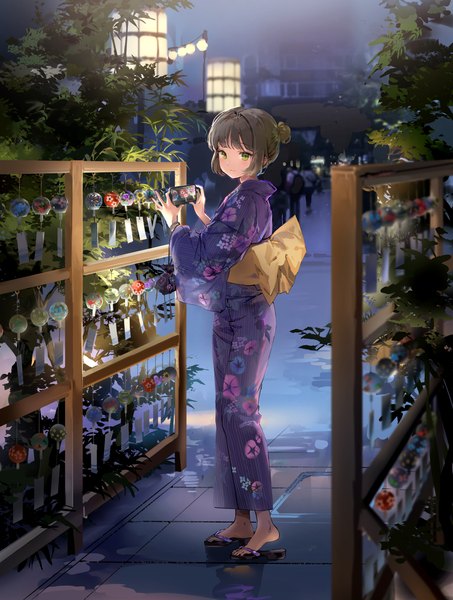 Anime picture 1400x1855 with original anmi single tall image looking at viewer fringe short hair black hair smile standing holding green eyes full body outdoors blunt bangs traditional clothes japanese clothes night wide sleeves hair bun (hair buns)