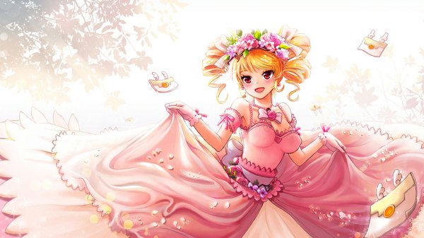 Anime picture 1000x563 with cookie run ssumbi single long hair blush open mouth blonde hair red eyes wide image twintails bare shoulders hair flower drill hair girl dress gloves hair ornament flower (flowers) bow plant (plants)