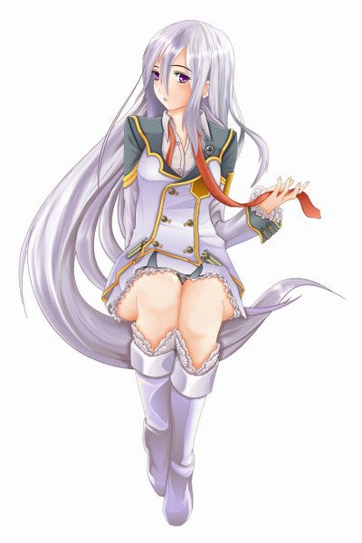 Anime-Bild 900x1350 mit chrome shelled regios felli loss cruizer single tall image blush fringe simple background hair between eyes white background sitting purple eyes holding looking away silver hair bent knee (knees) very long hair parted lips outstretched arm open collar