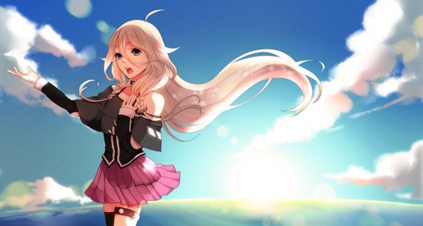 Anime picture 2800x1500 with vocaloid ia (vocaloid) koyubi single long hair highres open mouth blue eyes blonde hair wide image bare shoulders sky cloud (clouds) ahoge braid (braids) twin braids lens flare girl skirt miniskirt