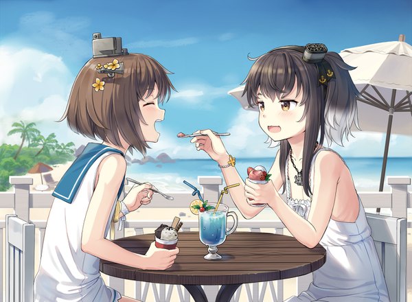 Anime picture 1363x1000 with kantai collection yukikaze destroyer tokitsukaze destroyer cnm blush short hair open mouth black hair smile brown hair twintails multiple girls yellow eyes sky cloud (clouds) eyes closed :d profile loli alternate costume