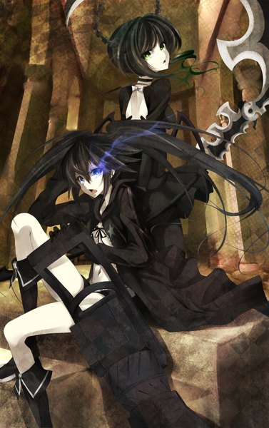 Anime picture 2516x3999 with black rock shooter black rock shooter (character) dead master kisaichi jin long hair tall image highres open mouth blue eyes black hair sitting twintails multiple girls green eyes horn (horns) legs glowing glowing eye (eyes) girl weapon