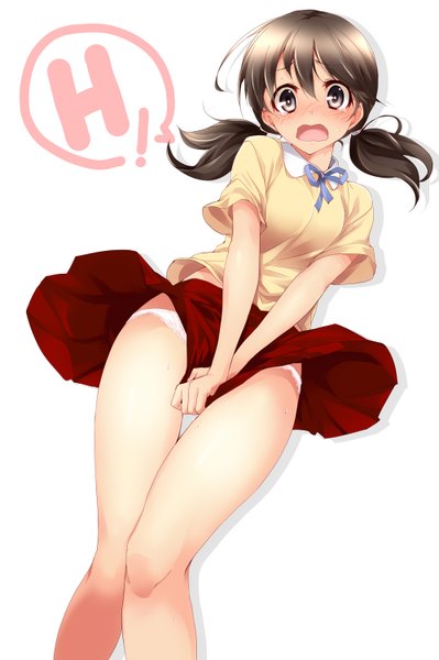 Anime picture 997x1500 with original matsuno canel single long hair tall image looking at viewer blush open mouth light erotic brown hair twintails wind low twintails covering girl skirt underwear panties ribbon (ribbons) miniskirt
