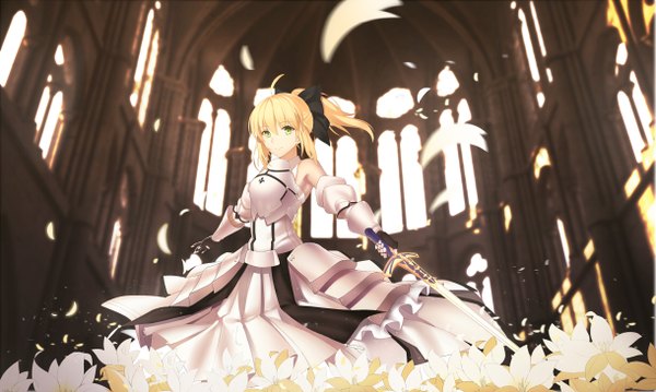 Anime picture 1220x730 with fate (series) fate/unlimited codes artoria pendragon (all) saber lily yeluno meng single looking at viewer short hair blonde hair wide image green eyes girl dress flower (flowers) weapon petals sword armor armored dress