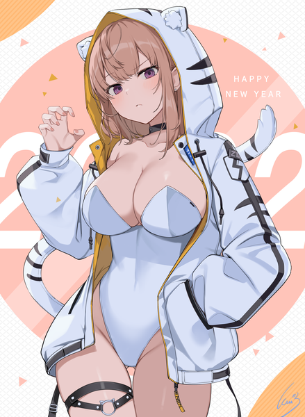 Anime picture 1316x1800 with original ikomochi single tall image blush fringe short hair breasts light erotic simple background blonde hair large breasts standing purple eyes signed cleavage tail blunt bangs long sleeves head tilt