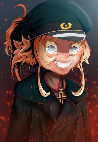 Anime picture 1320x1920 with youjo senki tanya degurechaff incarnatechaos13 single long hair tall image looking at viewer short hair blonde hair smile payot upper body ponytail grin tan girl uniform cross military uniform peaked cap