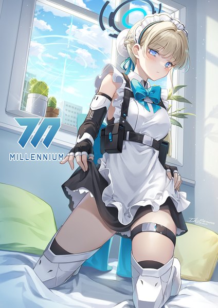 Anime picture 919x1300 with blue archive toki (blue archive) ika (4801055) single tall image blush fringe short hair blue eyes light erotic blonde hair looking away sky cloud (clouds) indoors blunt bangs maid hair bun (hair buns) kneeling skirt hold