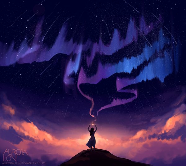 Anime picture 1097x982 with original auroralion single standing sky cloud (clouds) outdoors night arms up landscape scenic shooting star aurora borealis girl star (stars)
