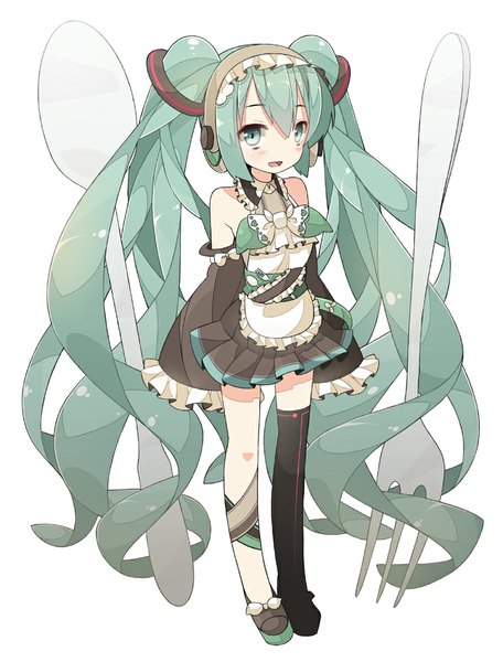 Anime picture 760x1000 with vocaloid hatsune miku chitetan single tall image looking at viewer blush open mouth simple background white background twintails very long hair aqua eyes aqua hair girl thighhighs detached sleeves single thighhigh fork spoon